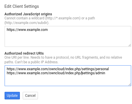 Edit Client Settings screen