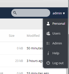 screenshot of user menu at top-right of ownCloud Web GUI